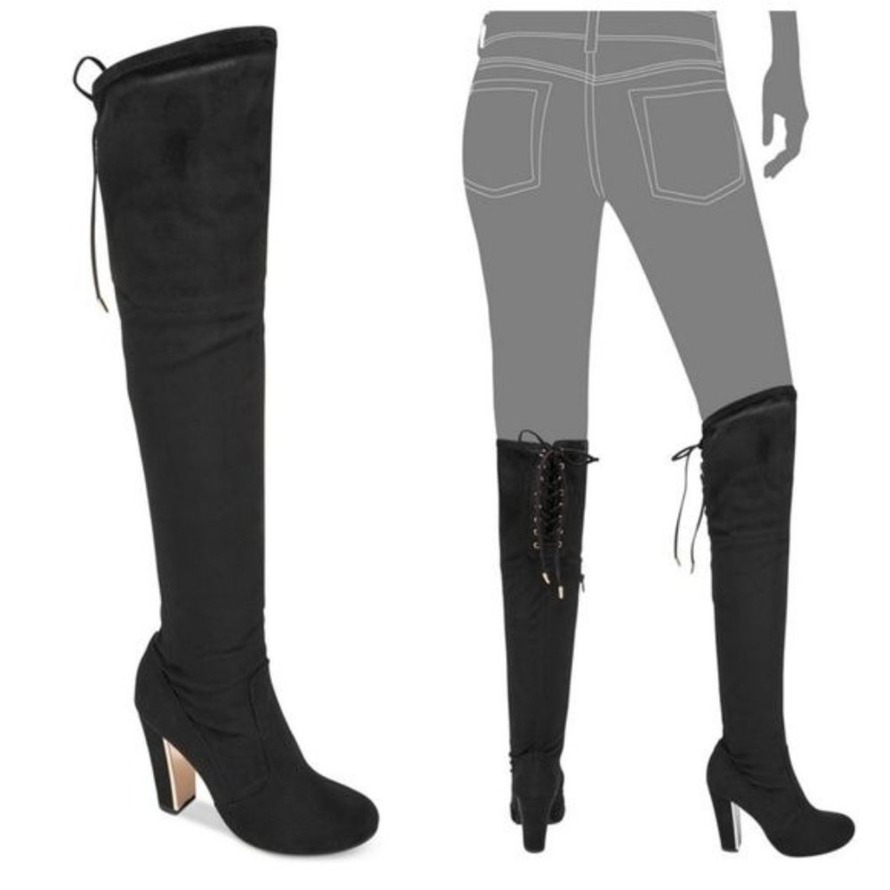 Material Girl Over the Knee High Black Velvet Stretch Boots Women size 5.5 - Picture 1 of 12